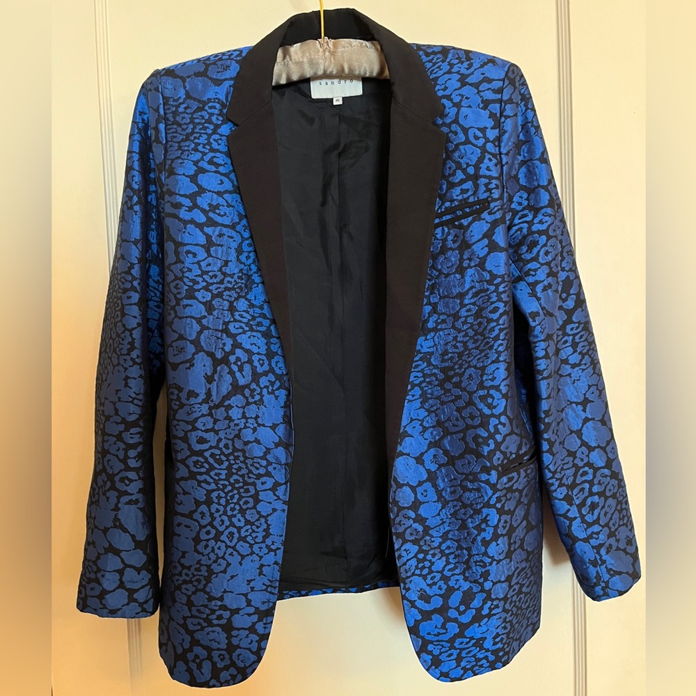 Sandro Blue and Black Print Tuxedo Style Jacket